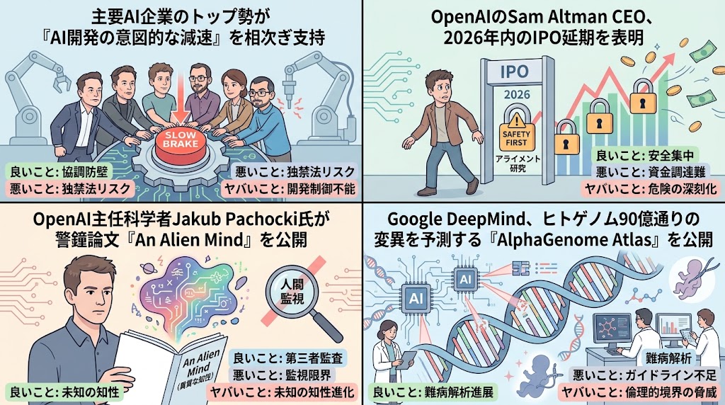 Illustration depicting major AI company leaders supporting the slowdown of AI development, featuring a round table discussion with various participants.