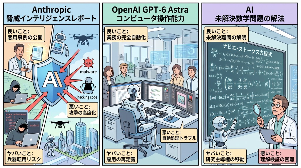 An infographic discussing three AI systems: Anthropic, OpenAI GPT-6 Astra, and a general AI. Each section highlights positive and negative aspects, such as public disclosure of misuse cases, complete automation of tasks, solving unsolved mathematical problems, and risks associated with weaponization and AI mismanagement.