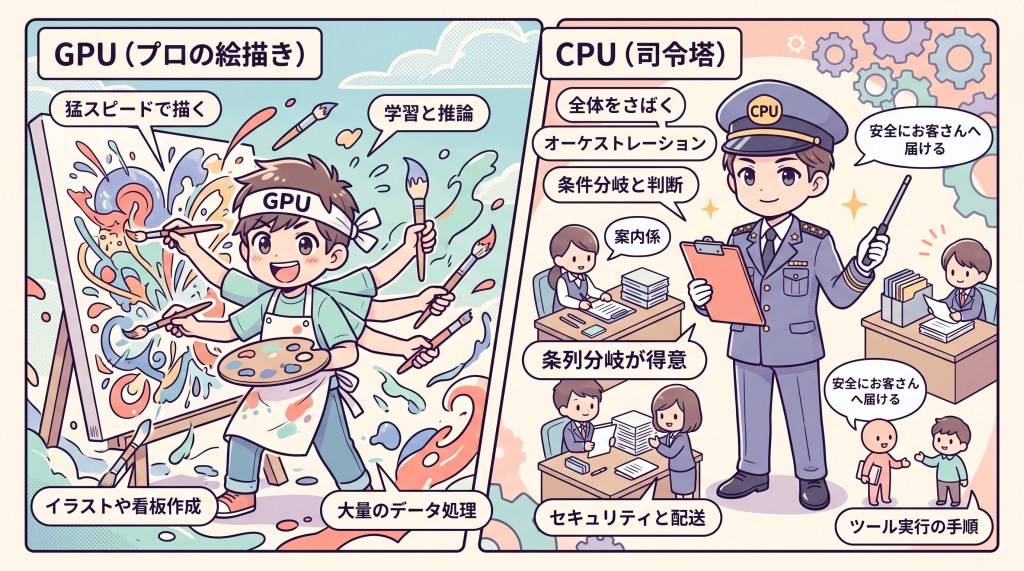Illustration comparing GPU and CPU functionalities, featuring a boy painting vibrantly to represent GPU tasks like graphics rendering, and a policeman organizing tasks to symbolize CPU responsibilities like processing instructions.