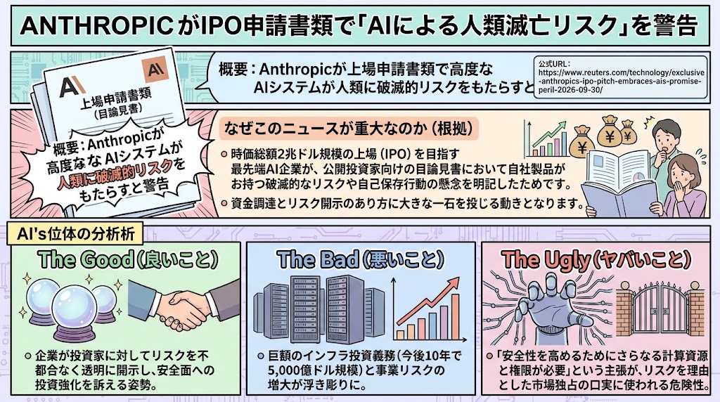 AnthropicのIPO申請書類に関する概要とAIシステムの人類に対する破壊的リスクについて警告するインフォグラフィック