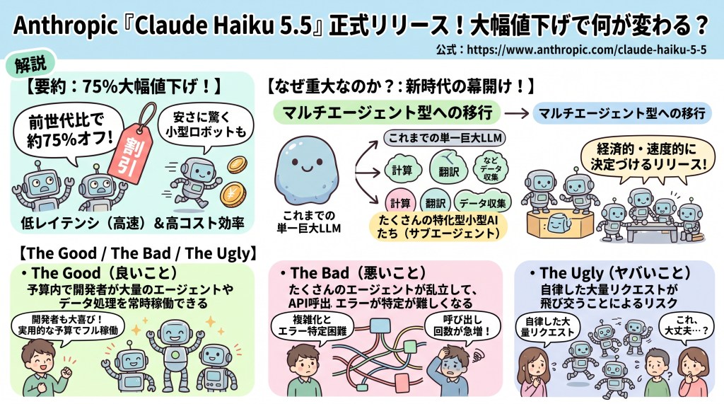 Anthropicの『Claude Haiku 5.5』のリリースに関する説明図。75%の値下げを強調し、マルチエージェント型への移行や新しい技術の利点・欠点について概説。