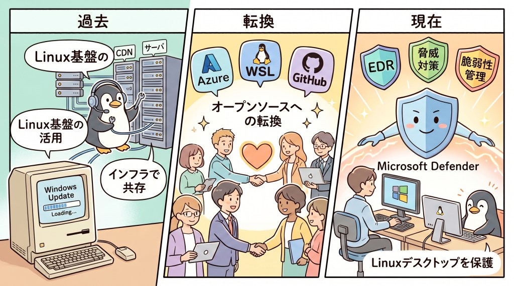 Linux基盤の過去、オープンソースへの転換、Microsoft Defenderによる現在の保護を示す3つのセクションのイラスト