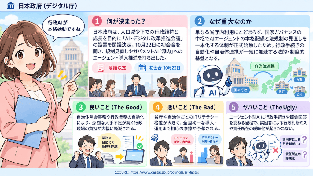 日本政府のデジタル庁によるAI導入についての説明。AIの導入の意義や期待される効果を示すイラスト付きのインフォグラフィック。