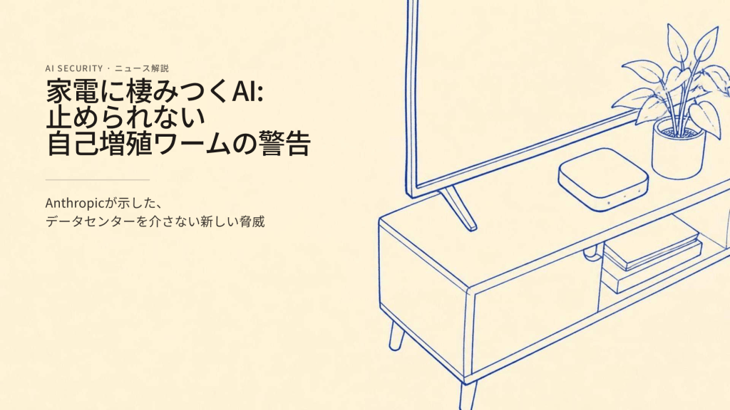 テレビ、スマートスピーカー、観葉植物が置かれた部屋のイラスト。