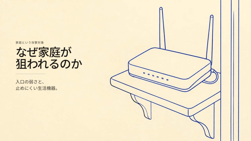 無線ルーターが棚の上に置かれているイラスト。周囲にはテキストがあり、家庭が攻撃対象になる理由について言及している。