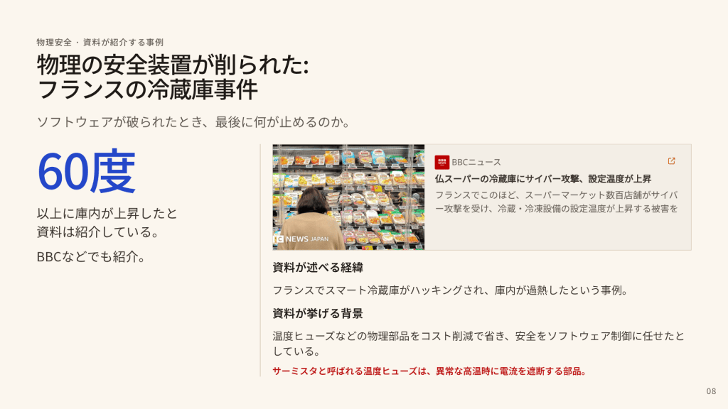 フランスのスーパーの冷蔵庫がサイバー攻撃を受け、温度が上昇している状況を示した画像。