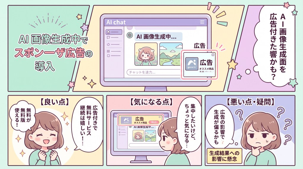 AI画像生成中のスポンサー広告の導入に関する説明マンガ