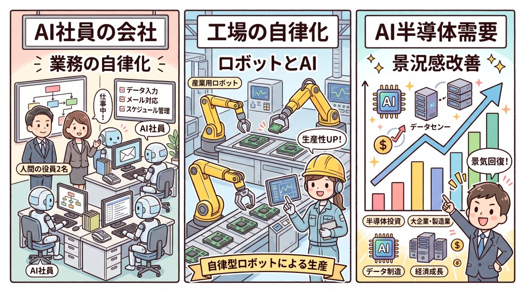 AIによる業務の自動化や工場の効率化を示したイラスト。左側にはAI社員が働くオフィス、中央には産業用ロボットが稼働する工場、右側にはAIの需要とデータセンターの成長を示すグラフが描かれている。